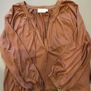 Nation salmon/Brown Tie-Front Peasant Blouse